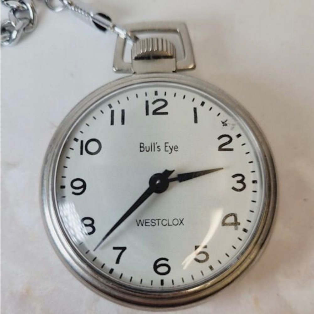 Vintage Westclox Bulls Eye Pocket Watch w/12” Chain